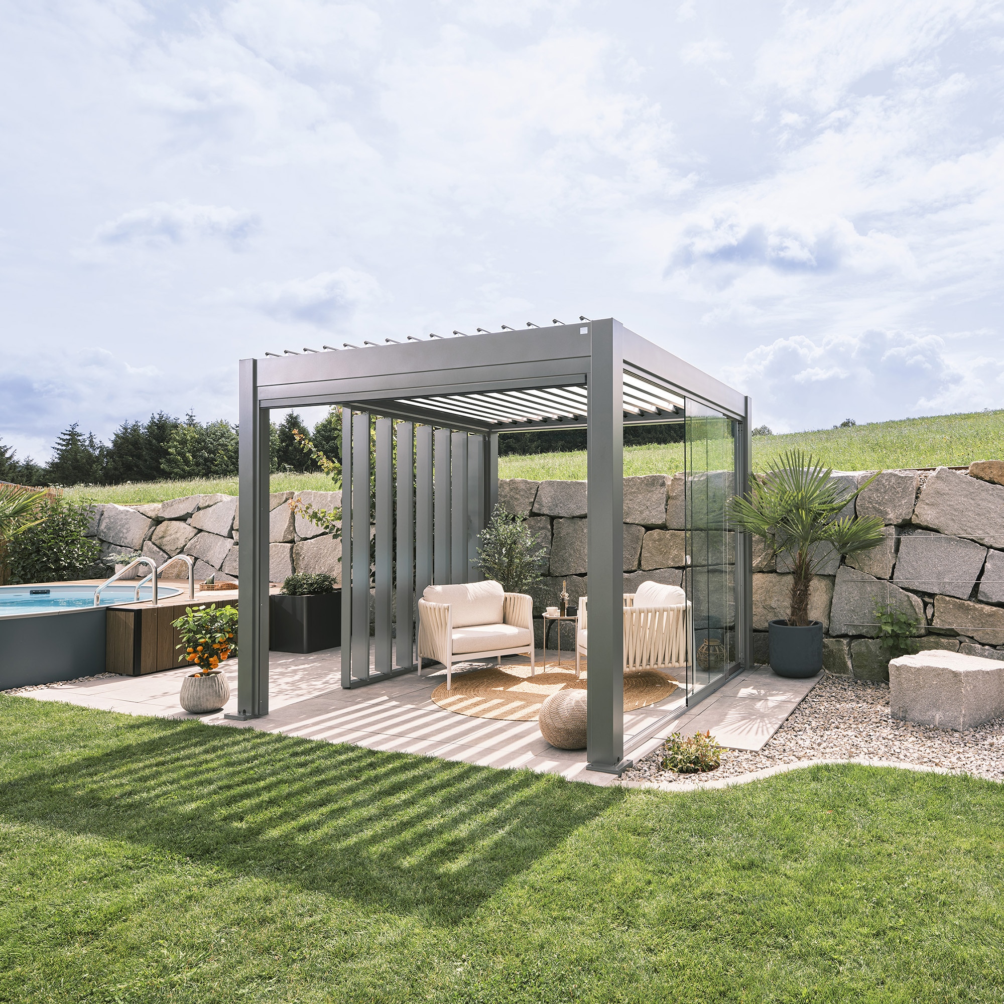 Pérgola Biohort 3x3 Gris cuarzo metálico con equipamiento básico Gris-2