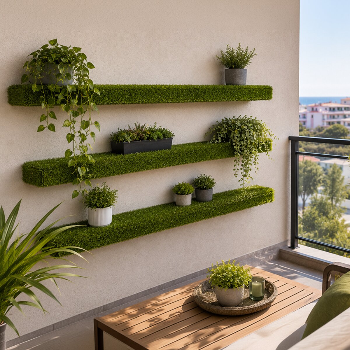 Rollo de césped artificial Terrace 0,60x 2m 20 mm de altura. Da un toque fresco y decorativo tanto en balcones como en espacios interiores Verde-3