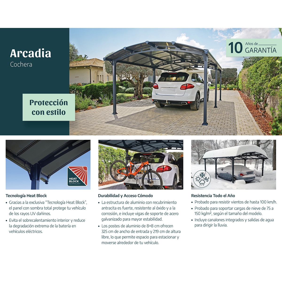 Cochera Aluminio Arcadia 359x649x242 cm Gris oscuro-11