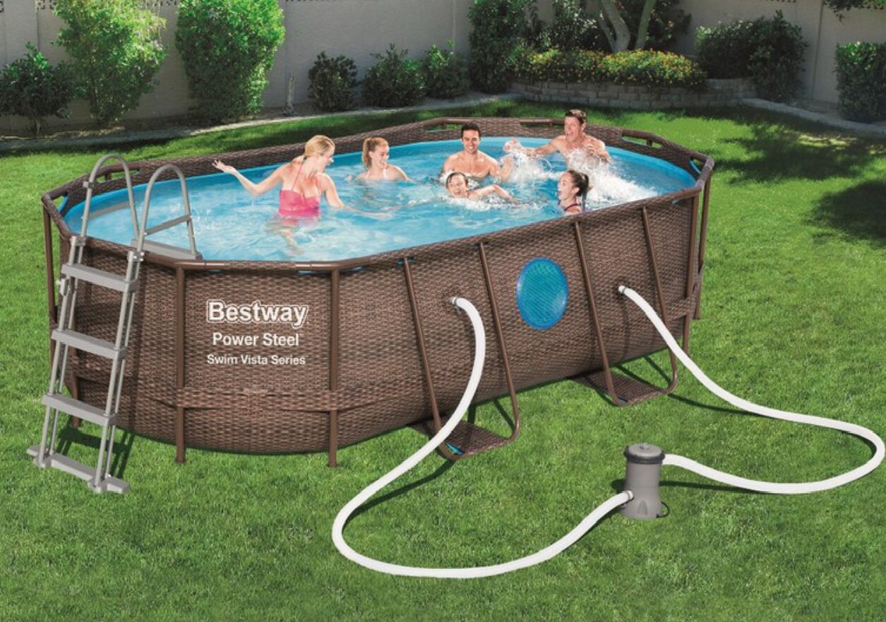 Piscina ovalada tubular Power Steel Diseño Ratán 427 x 250 x 100 cm Marrón / Azul-2