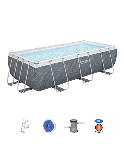 Piscina Retangular Power Steel 404 x 201 x 100 cm Desenho de Pedras Cinzento / Branco-2