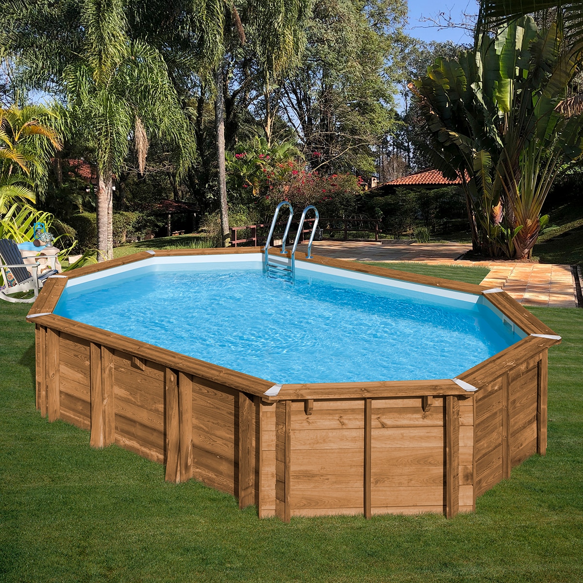 Piscina madera ovalada 620x395x136cm Marrón-9