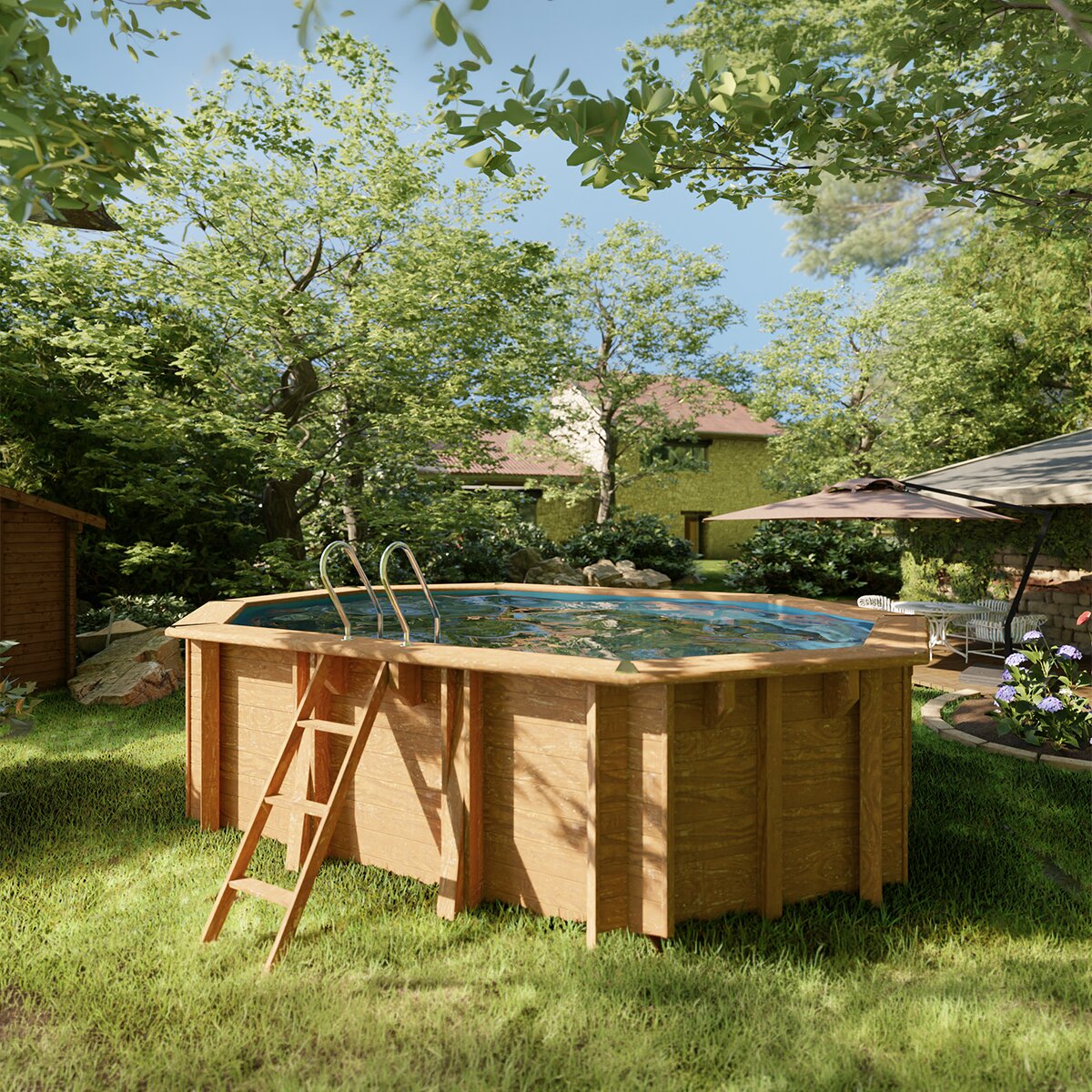 Piscina madera ovalada 620x395x136cm Marrón-10
