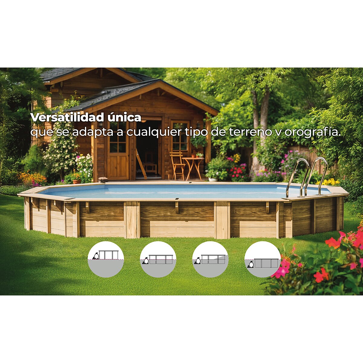 Piscina madera ovalada 620x395x136cm Marrón-14