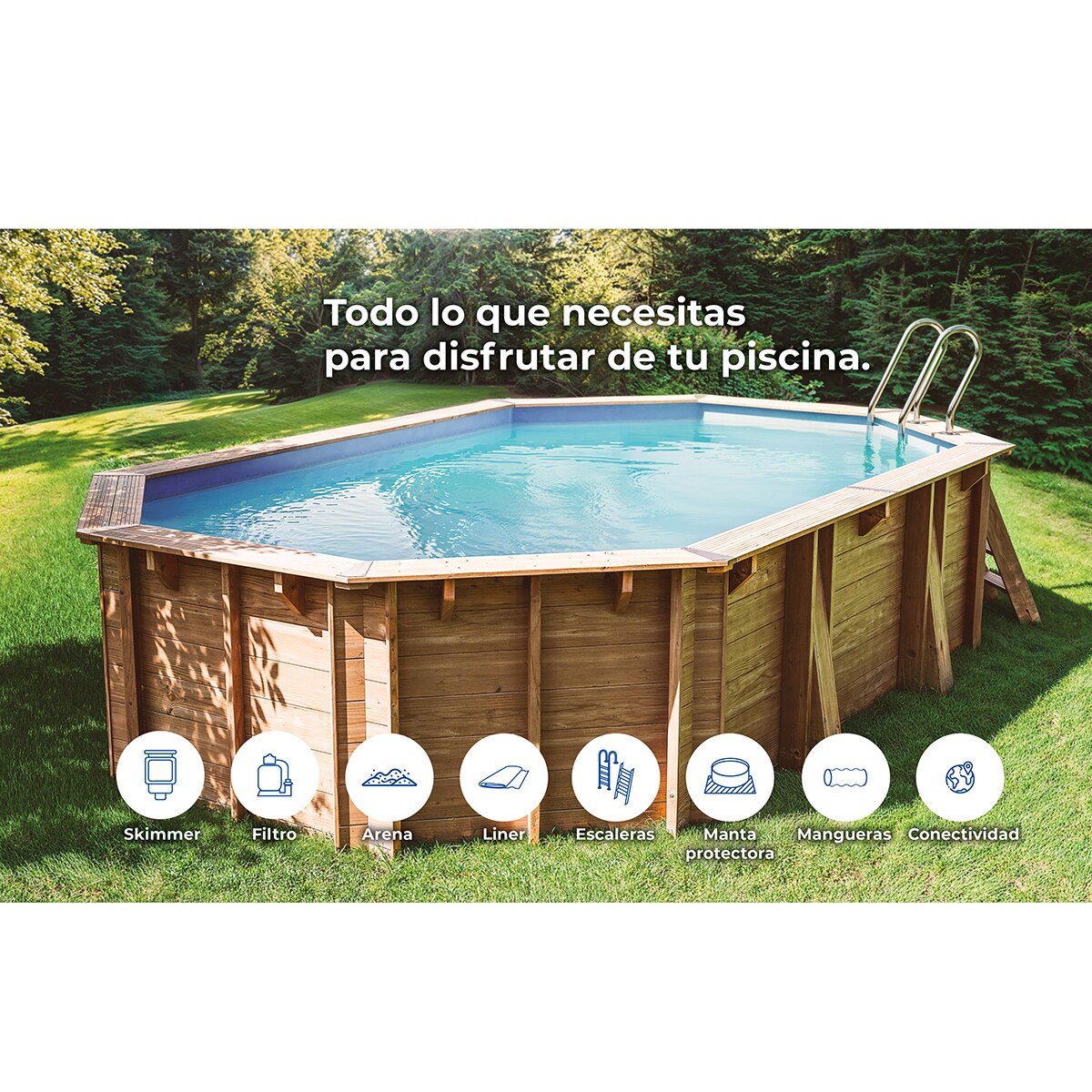 Piscina madera ovalada 620x395x136cm Marrón-16