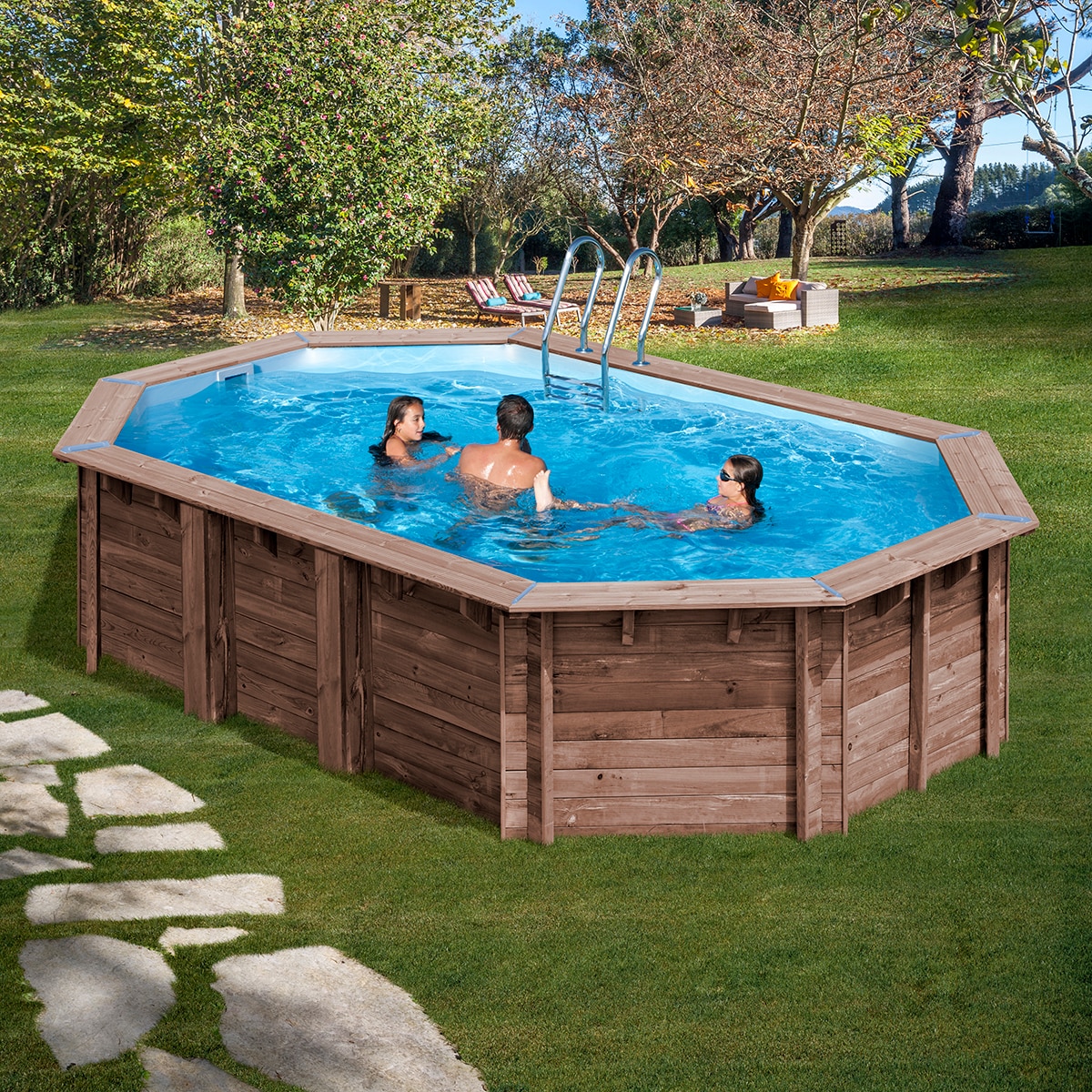 Piscina madera ovalada 632x335x130cm Marrón-9
