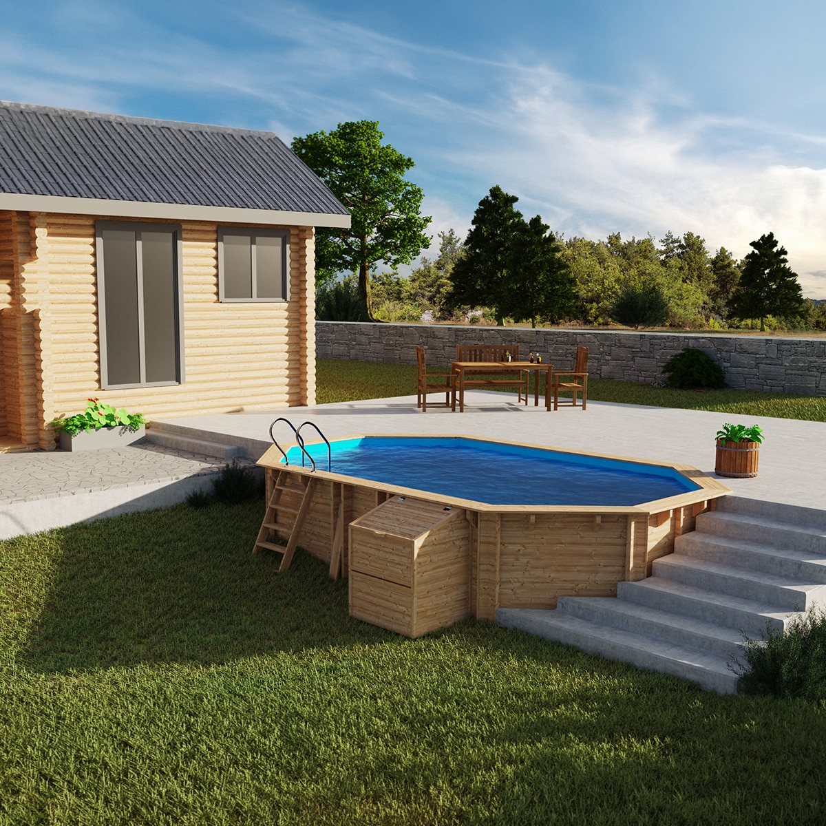 Piscina madera ovalada 632x335x130cm Marrón-10