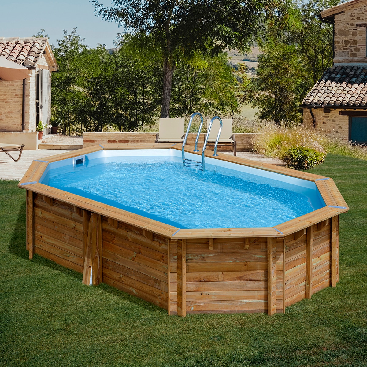 Piscina madera ovalada 536x336x117cm Marrón-10