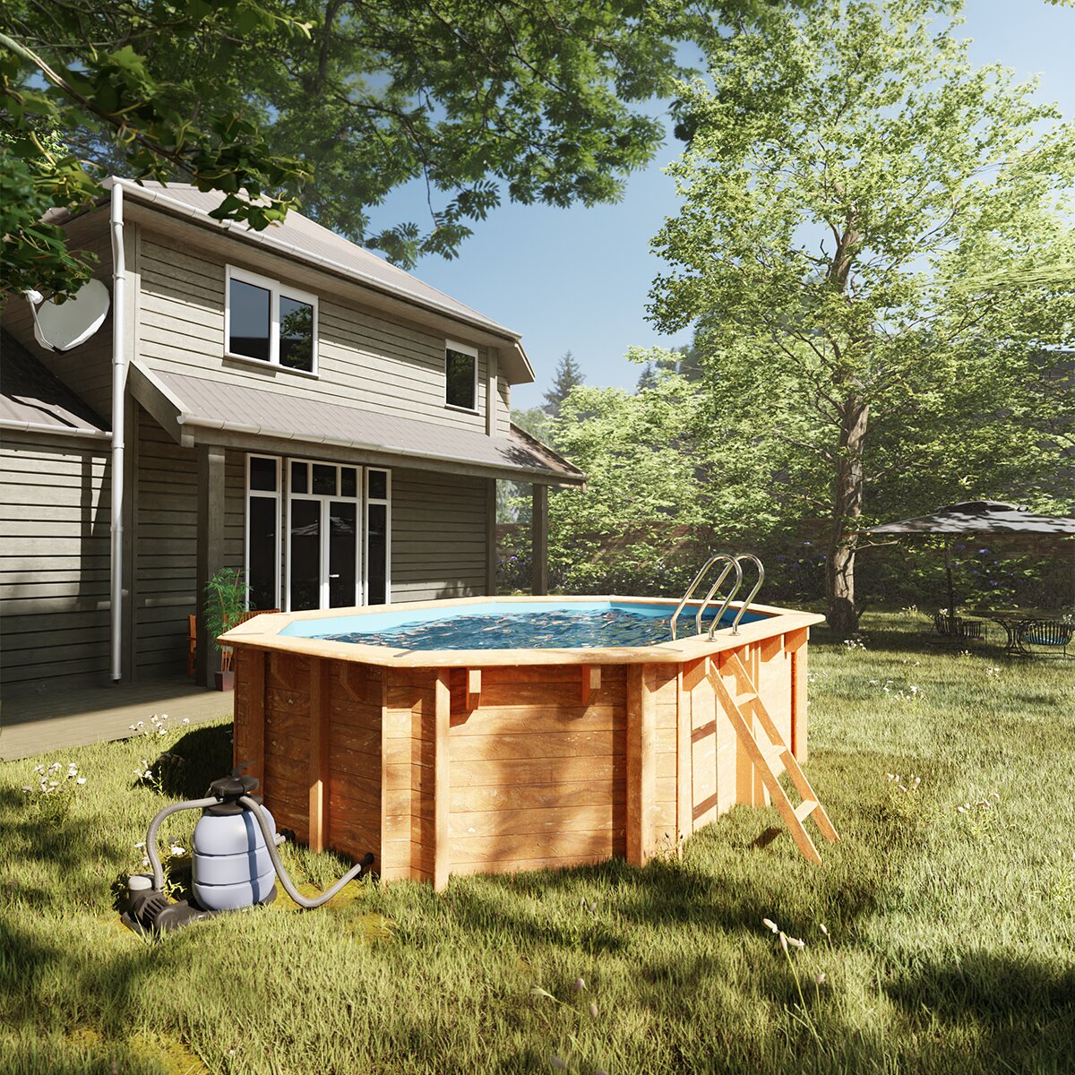Piscina madera ovalada 536x336x117cm Marrón-11