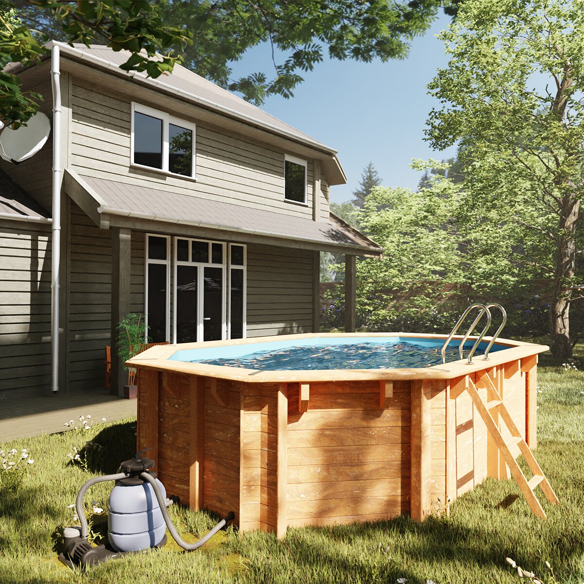 Piscina madera ovalada 436x336x117cm Marrón-9