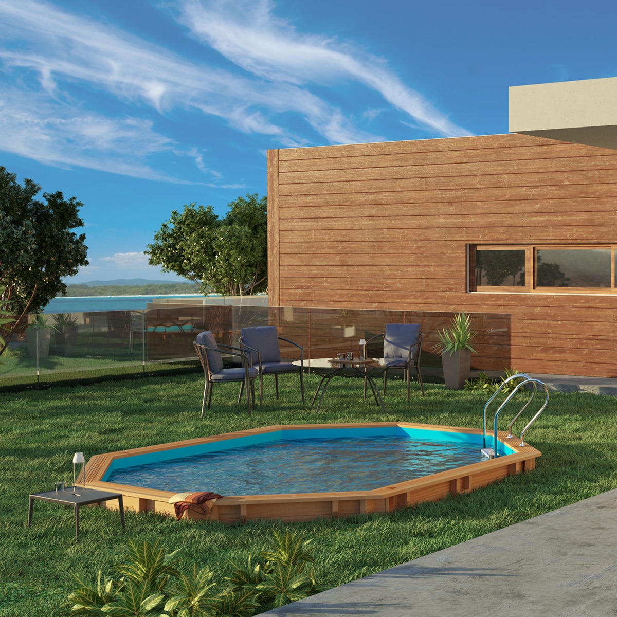Piscina madera ovalada 436x336x117cm Marrón-10