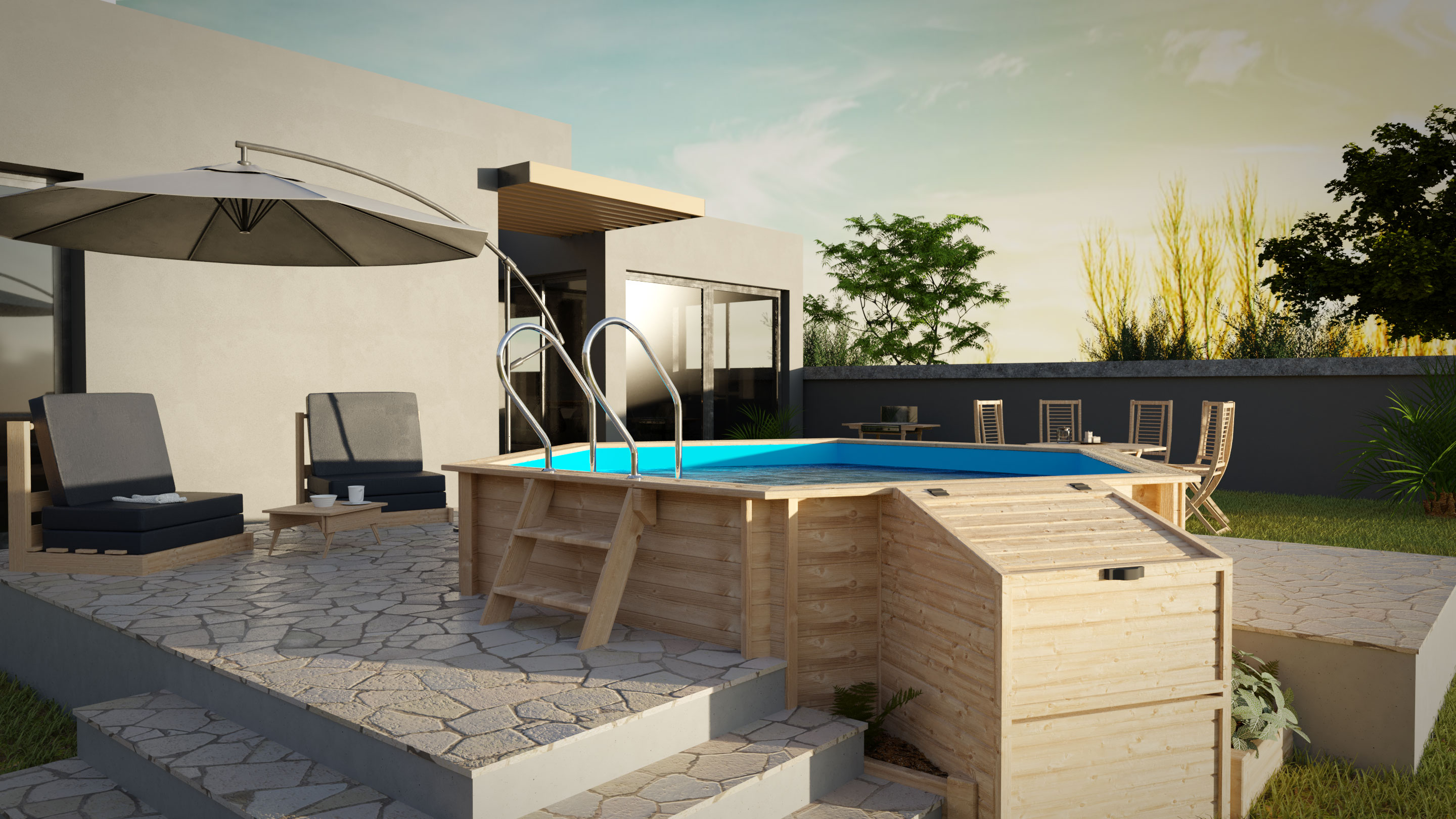 Piscina madera redonda 400x119cm Marrón-10