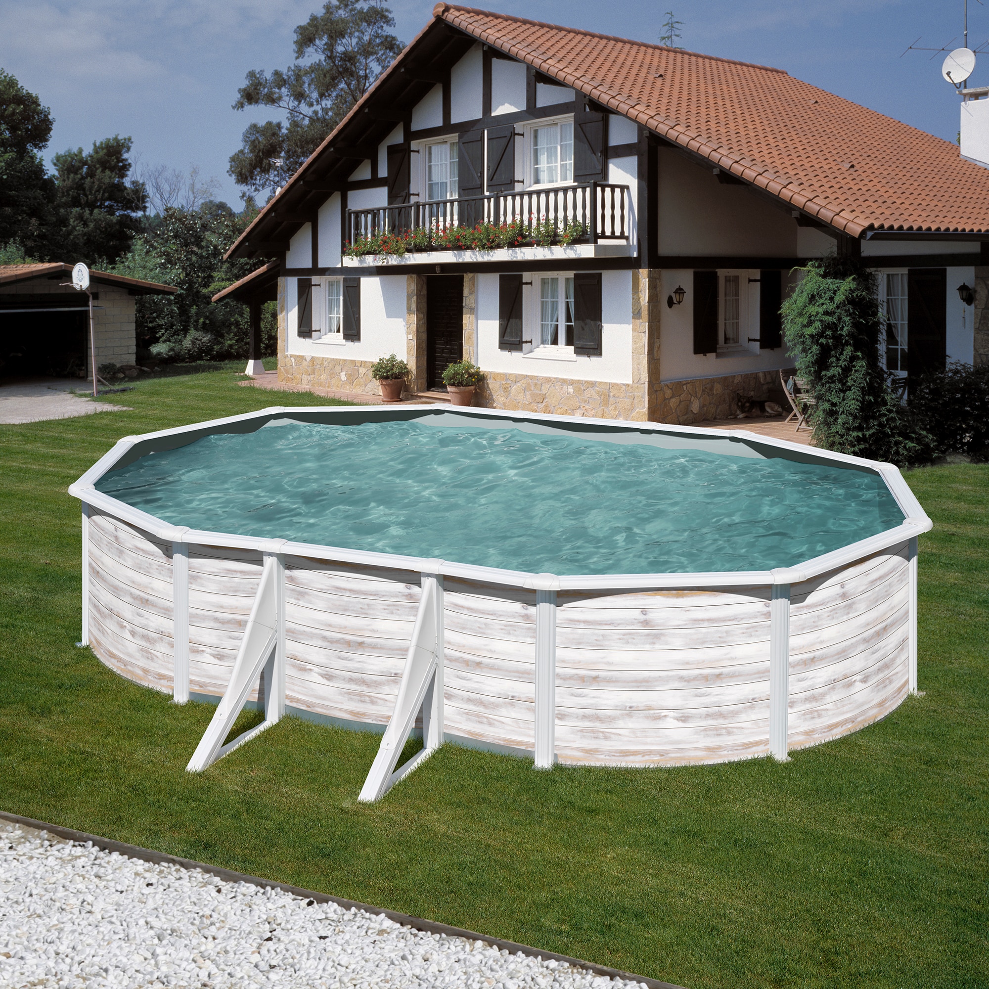 Piscina acero ovalada -610x375x120 cm Blanco-9