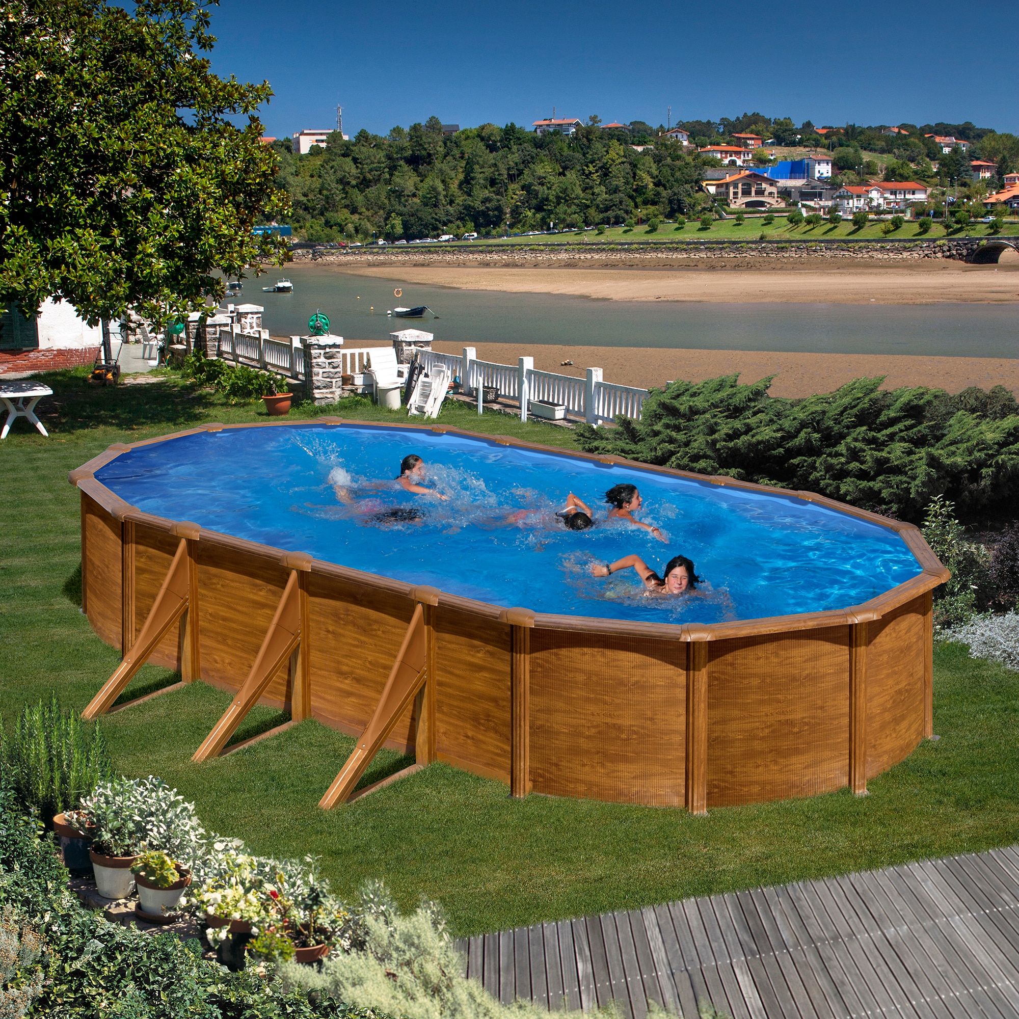 Piscina de Aço Oval em Imitação de Madeira 730 x 375 x 120 cm Castanho-6