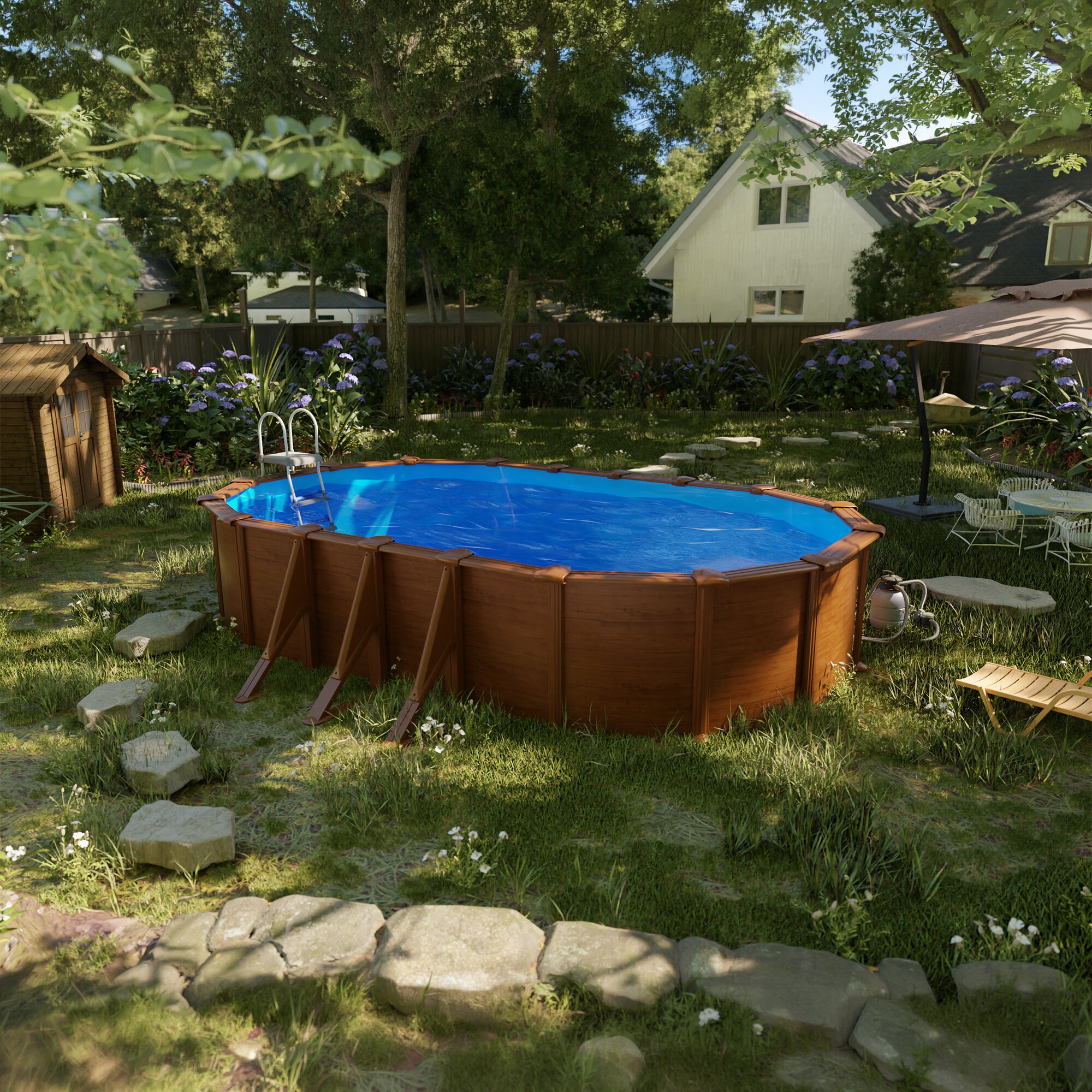 Piscina de Aço Oval em Imitação de Madeira 730 x 375 x 120 cm Castanho-9