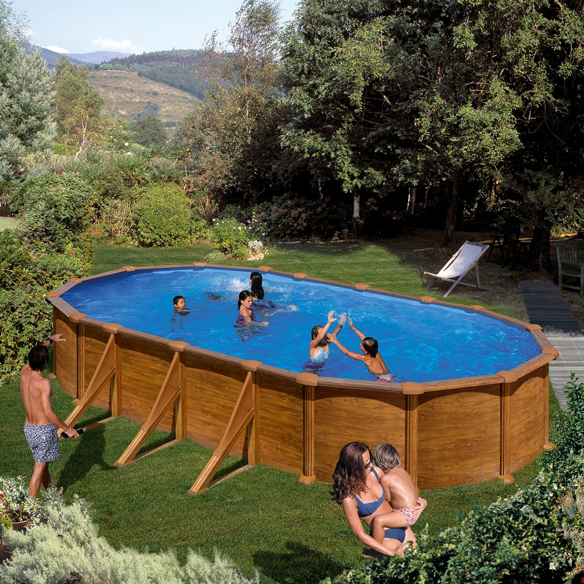 Piscina de Aço Oval em Imitação de Madeira 730 x 375 x 132 cm Castanho-8
