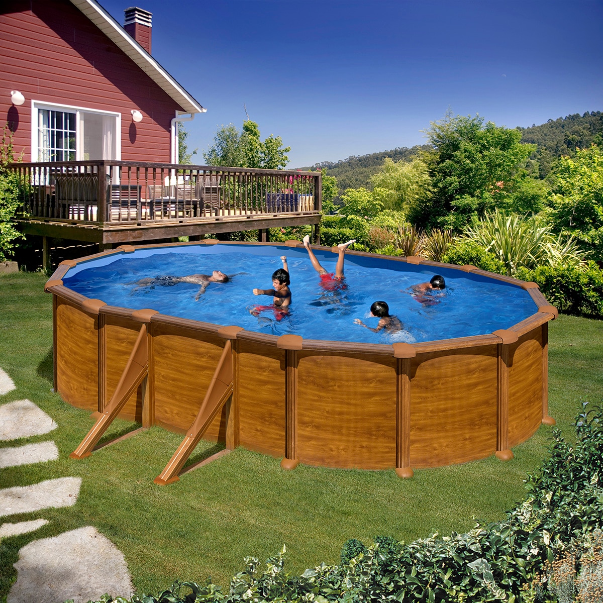 Piscina de Aço Oval em Imitação de Madeira 610 x 375 x 132 cm Castanho-8