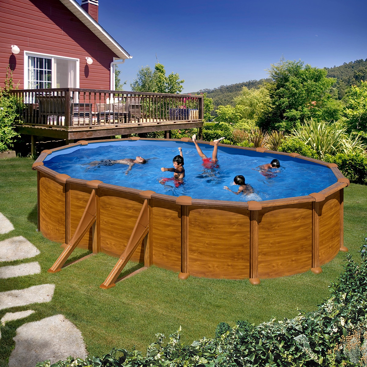 Piscina de Aço Oval em Imitação de Madeira 500 x 300 x 132 cm Castanho-17