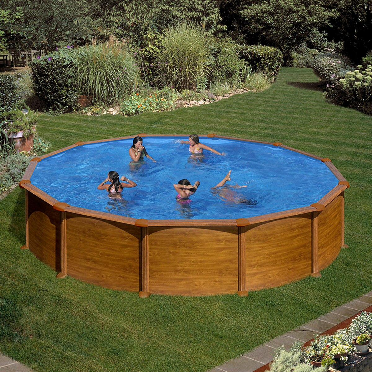 Piscina acero redonda imitación madera 550 x 132 cm Marrón-8