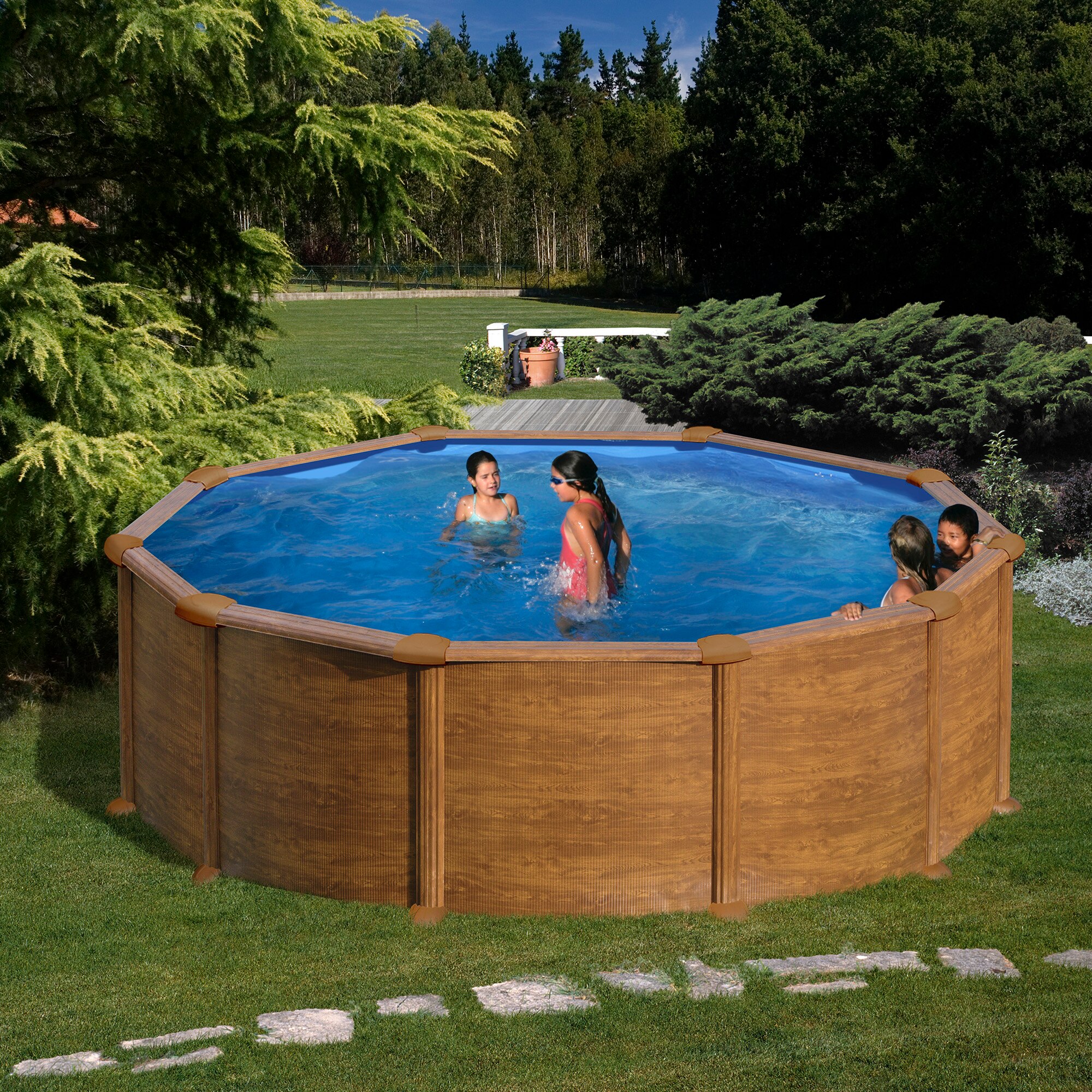 Piscina acero redonda imitación madera 460 x 132 cm Marrón-9