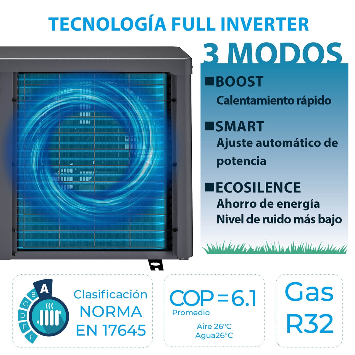 Bomba de calor Full Inverter con conectividad para piscinas de hasta 60 m3 9,5 KW Gris / Azul-9