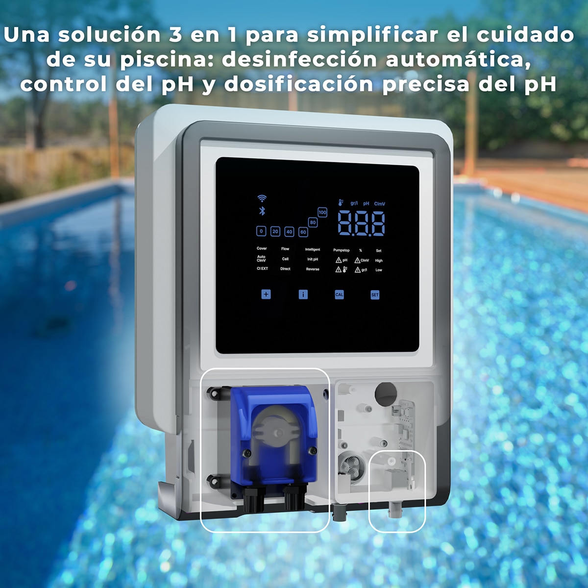Clorador salino con regulador de pH con conectividad SWC  All in one  21g/h  piscinas de hasta 100 m3 Gris / Blanco-5