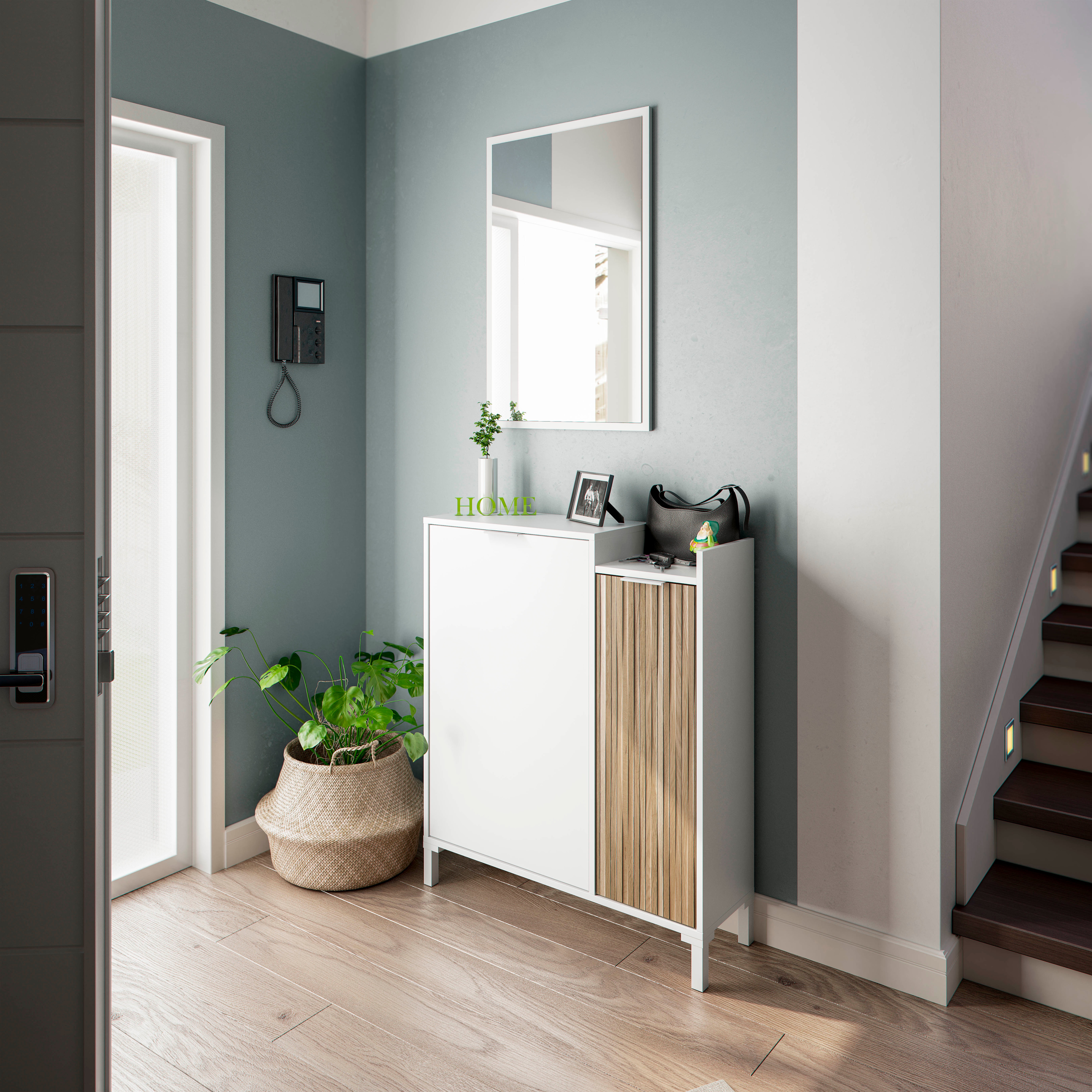 Móvel de Entrada Ethna de 2 Portas e Espelho Retangular Branco / Madeira-4