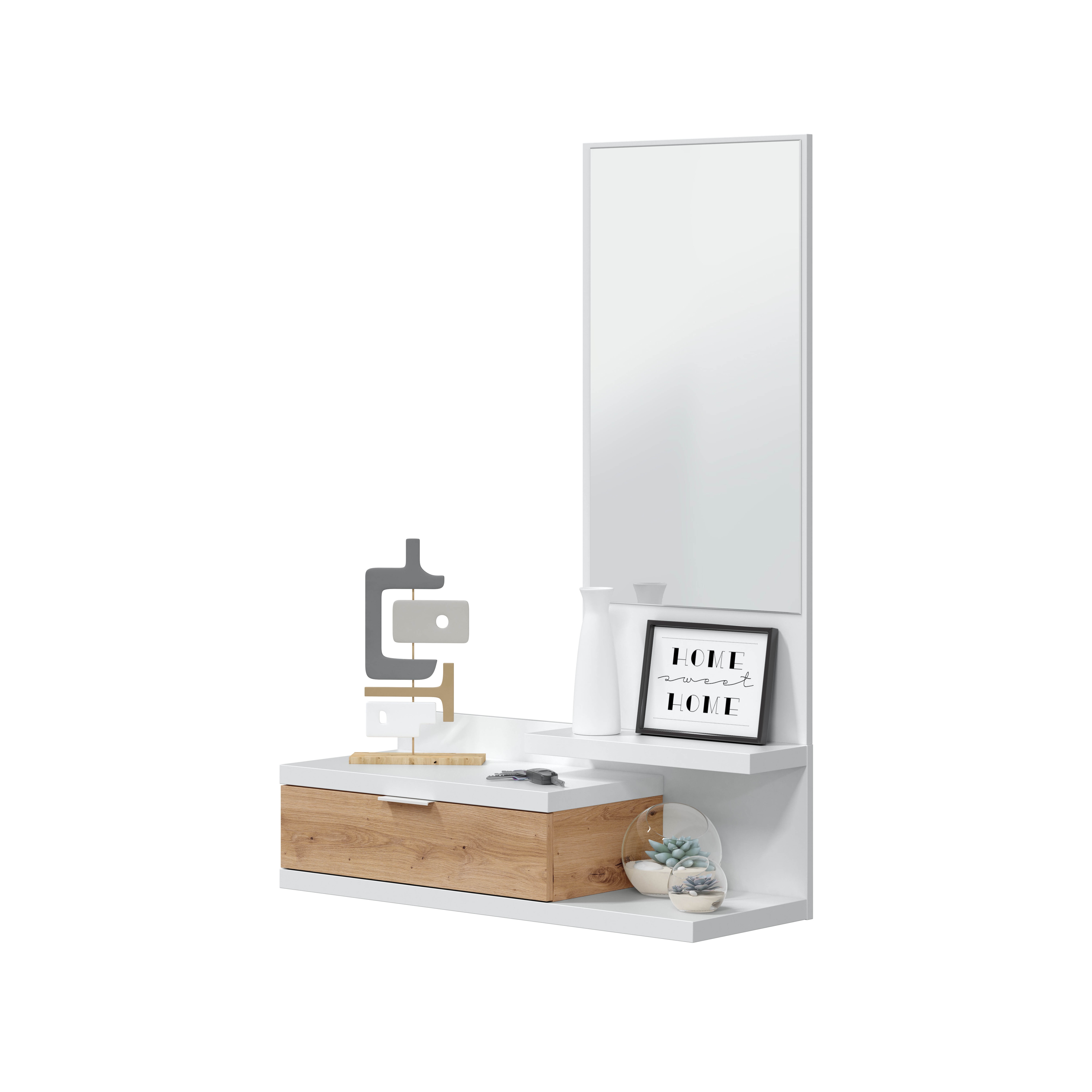 Móvel de Entrada Dahlia de 1 Gaveta e Espelho Retangular Branco / Madeira-3