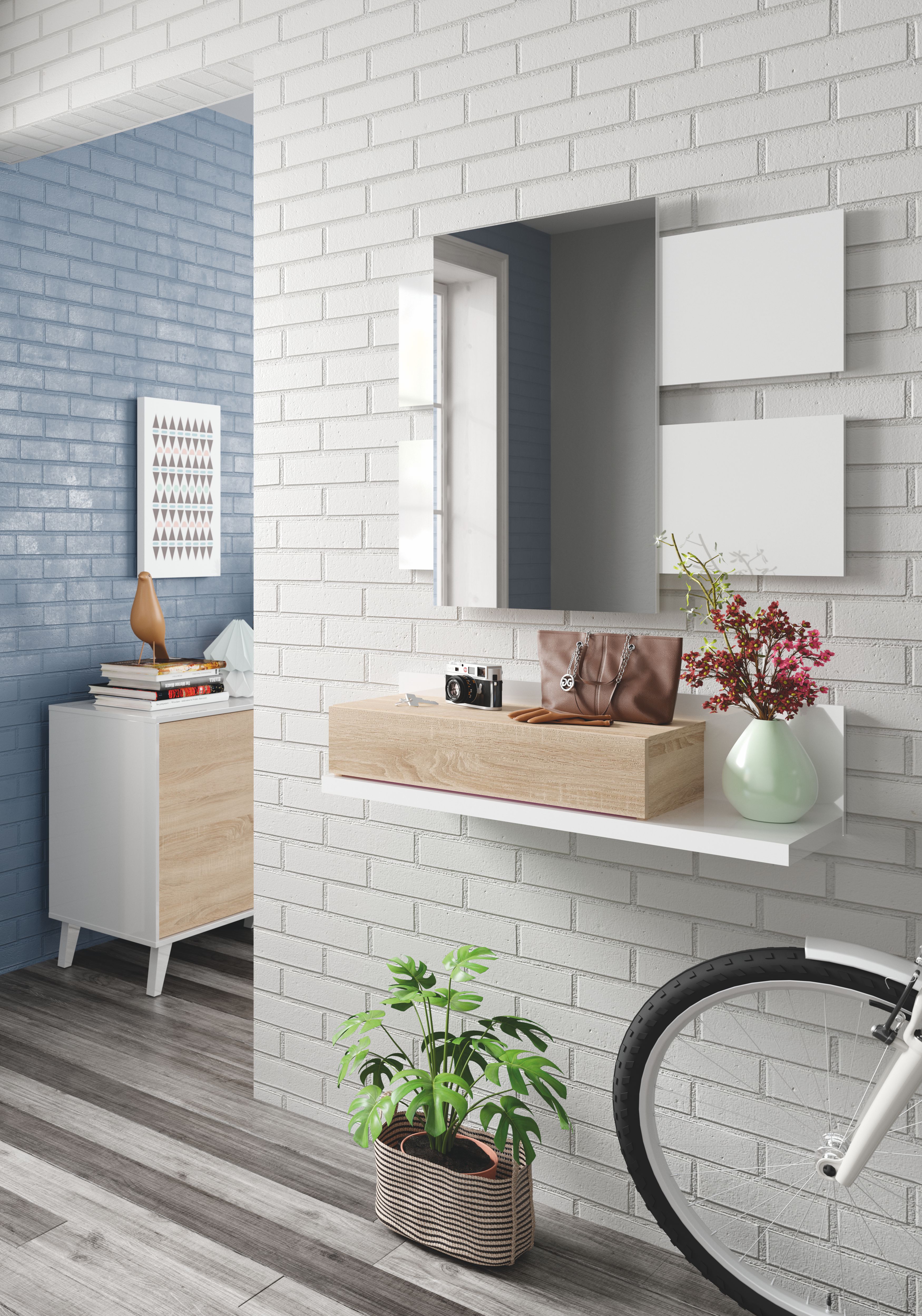 Móvel de Entrada Tekkan de 1 Prateleira + 1 Gaveta e Espelho Retangular Branco / Madeira-4