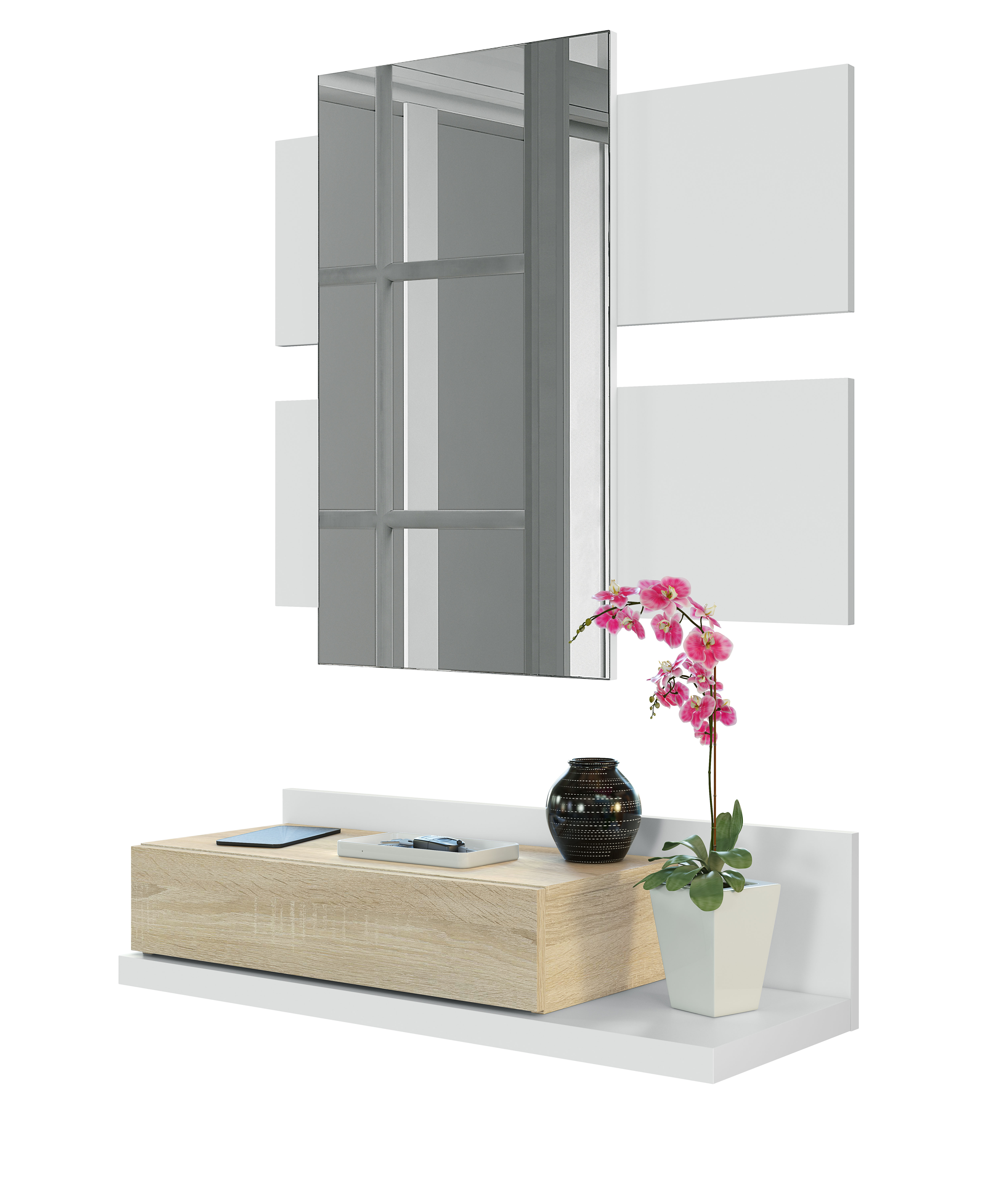 Móvel de Entrada Tekkan de 1 Prateleira + 1 Gaveta e Espelho Retangular Branco / Madeira-5