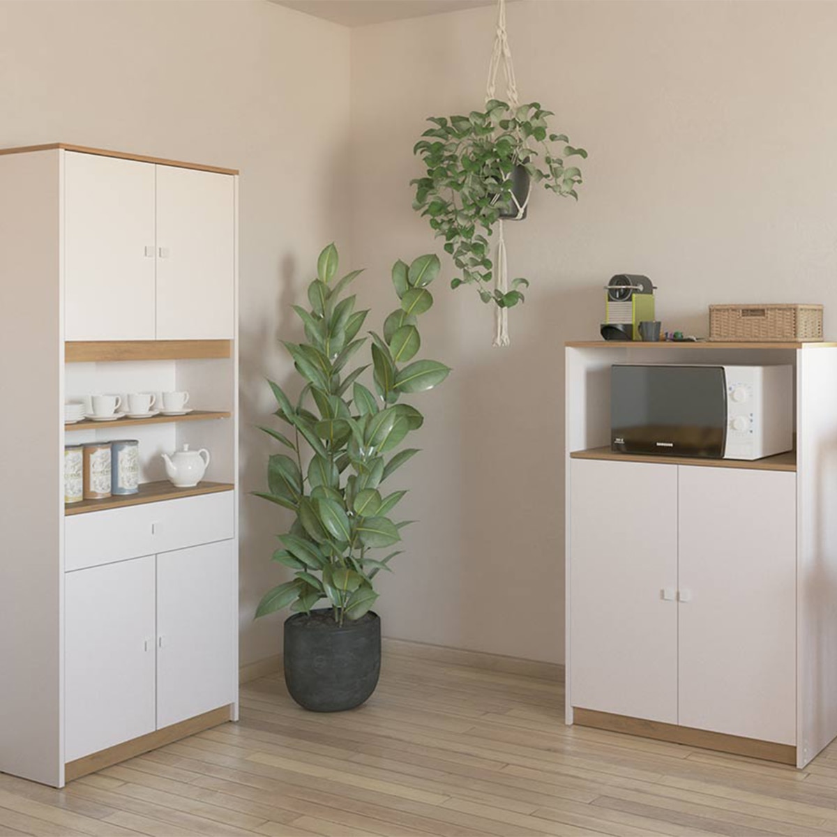 Armario buffet auxiliar microondas blanco roble. Tirador blanco. Blanco-3
