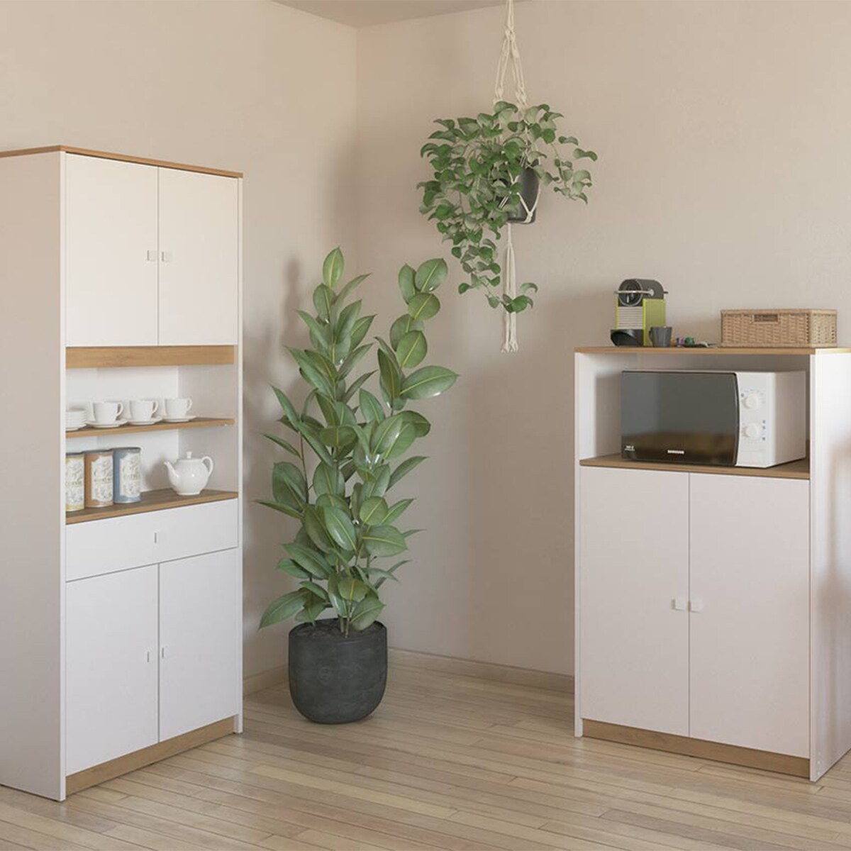 Armário Buffet Auxiliar de Micro-ondas - Branco Carvalho. Puxador Branco. Branco-3