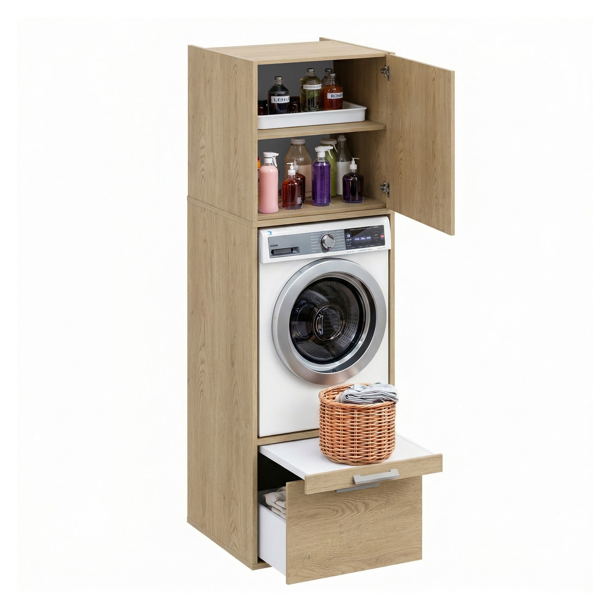Módulo Alto Mueble Lavadora con almacenamiento de melamina blanca mate Roble-6