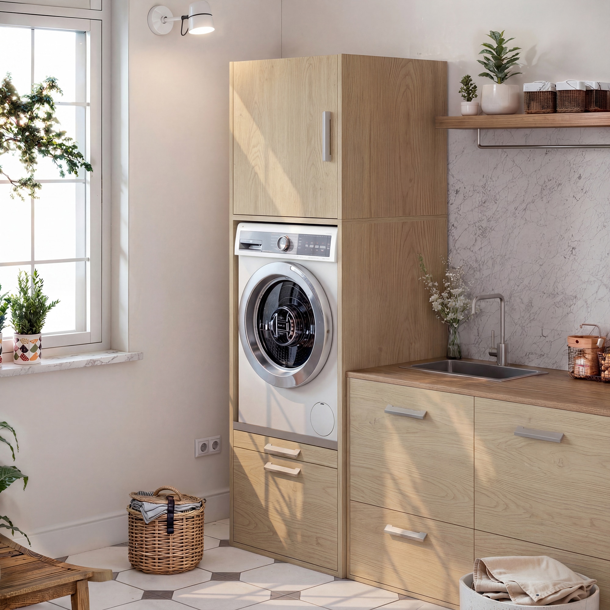 Módulo Alto Mueble Lavadora con almacenamiento de melamina blanca mate Roble-7