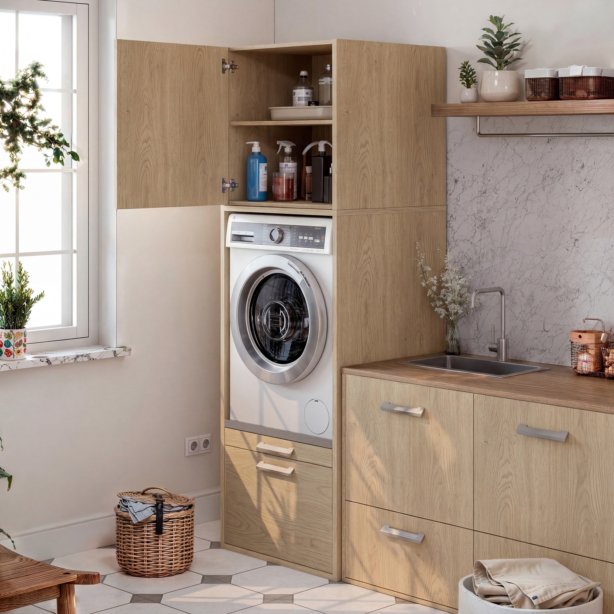 Módulo Alto Mueble Lavadora con almacenamiento de melamina blanca mate Roble-8