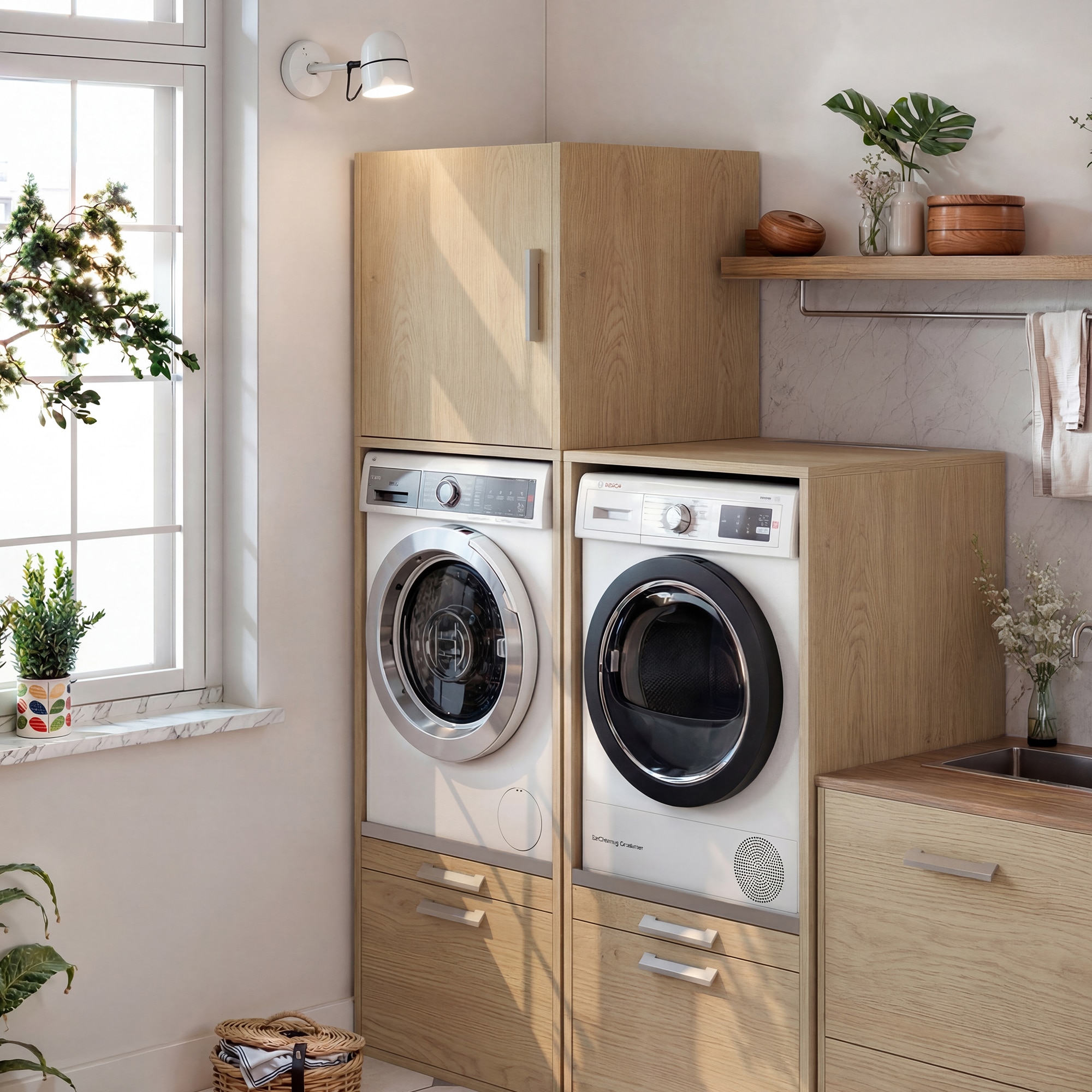 Módulo Alto Mueble Lavadora con almacenamiento de melamina blanca mate Roble-9