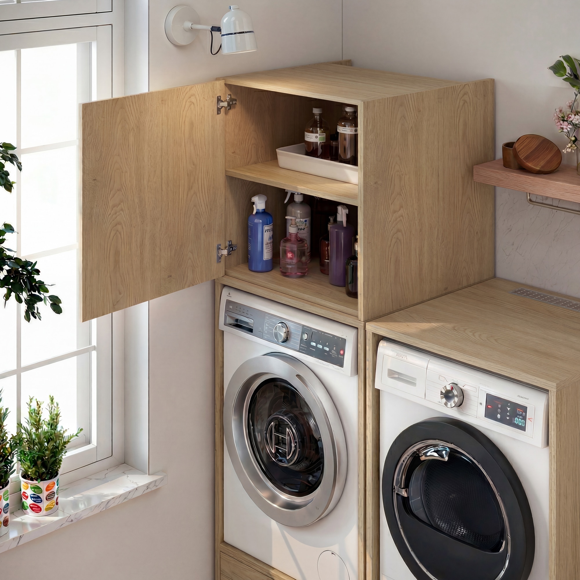 Módulo Alto Mueble Lavadora con almacenamiento de melamina blanca mate Roble-10