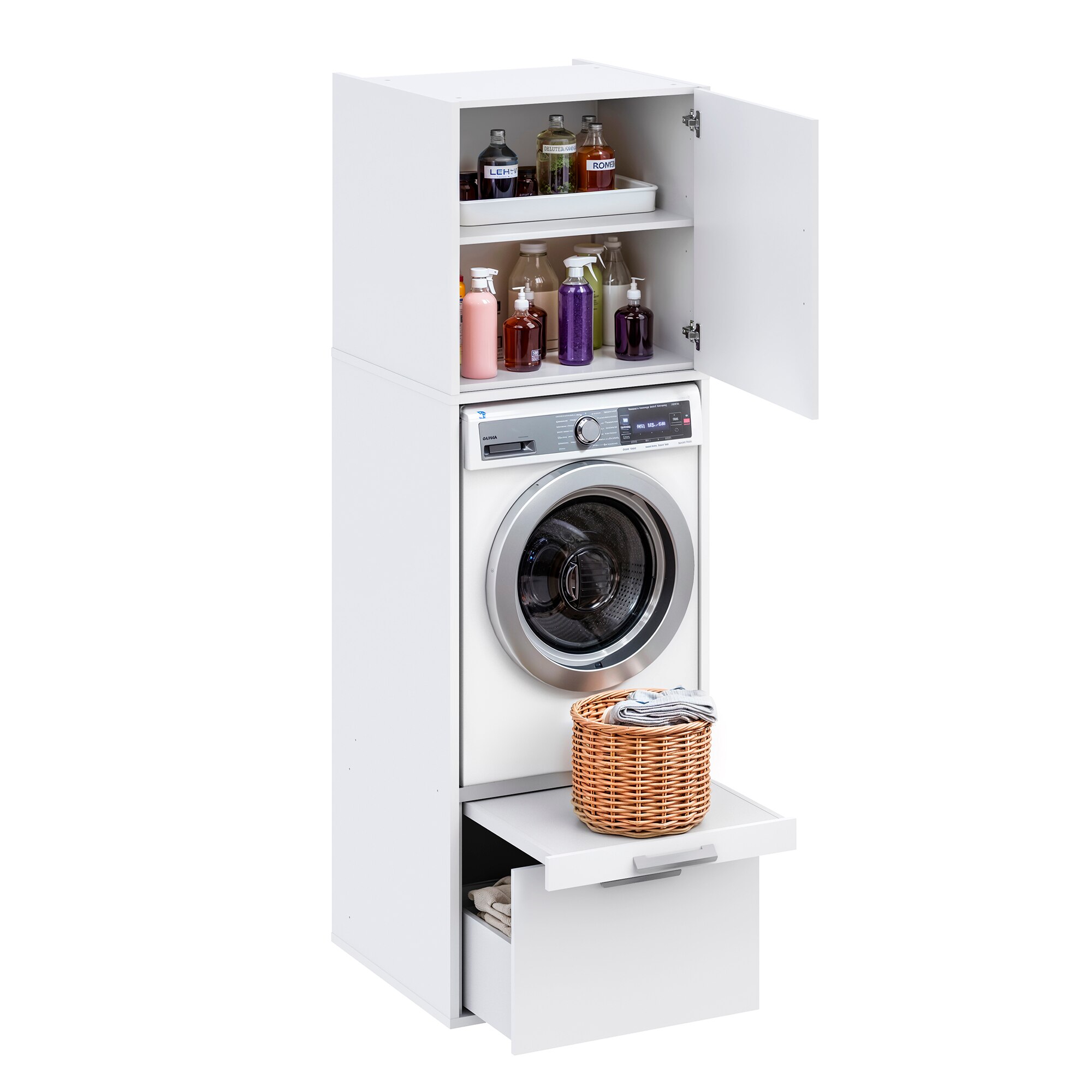 Módulo Alto para Máquina de Lavar Roupa com Espaço de Arrumação em Melamina - Branco Mate Branco-6