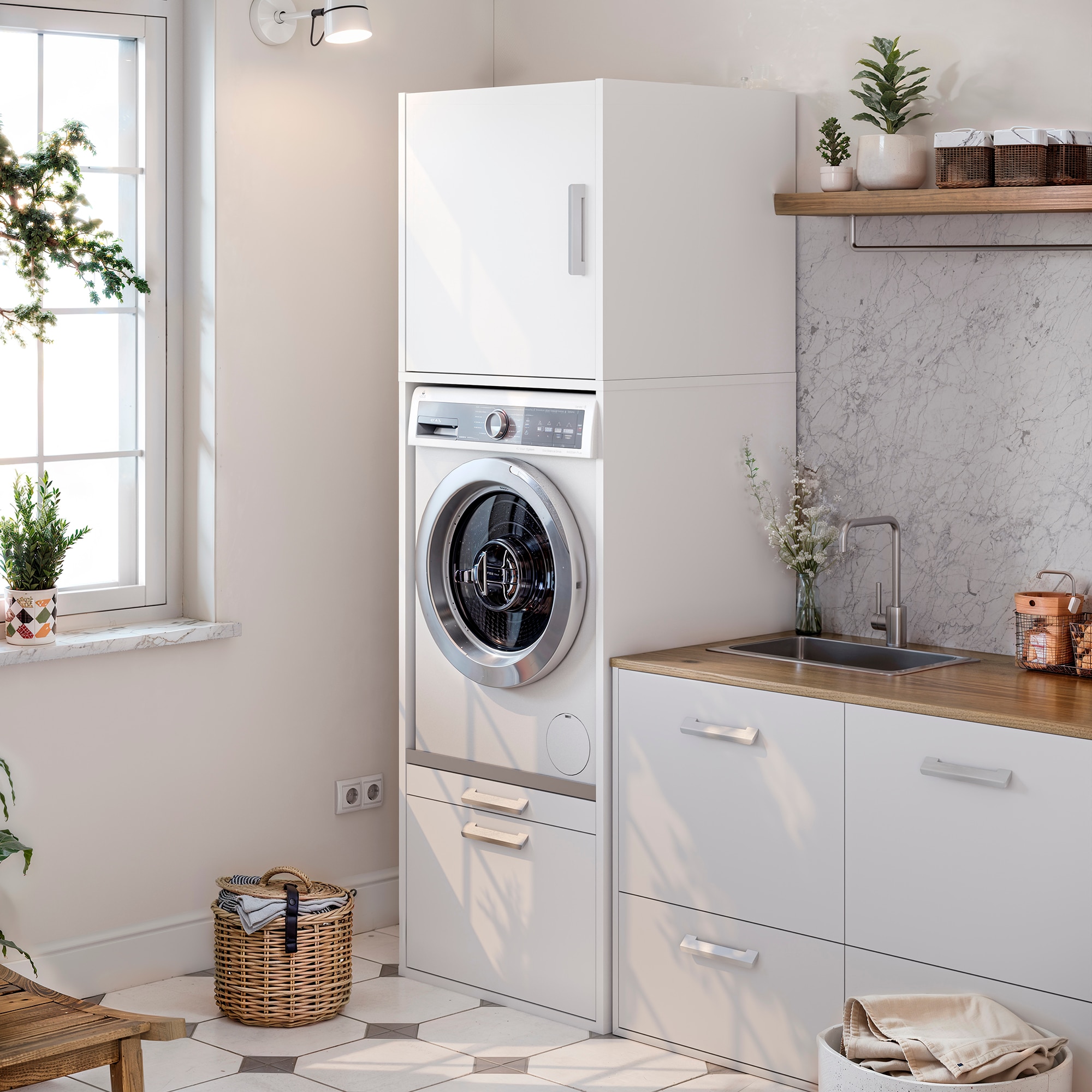 Módulo Alto para Máquina de Lavar Roupa com Espaço de Arrumação em Melamina - Branco Mate Branco-7