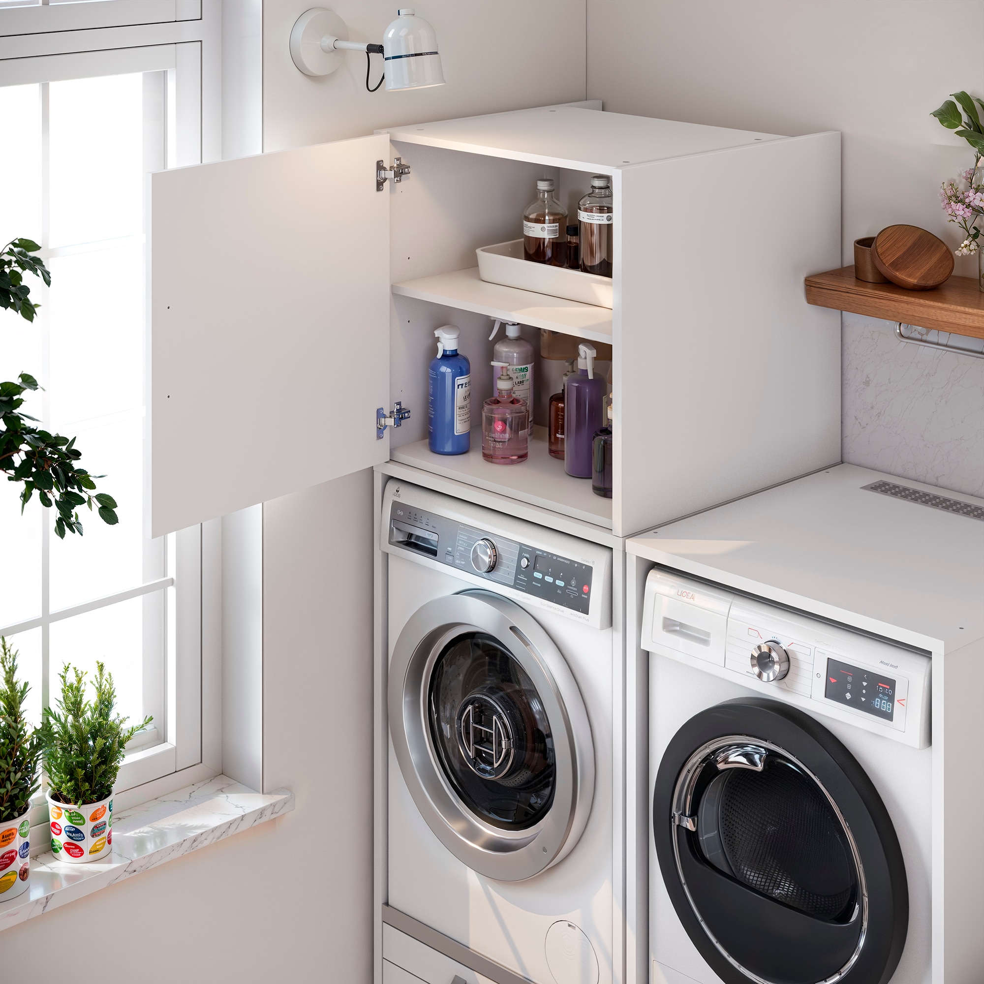 Módulo Alto para Máquina de Lavar Roupa com Espaço de Arrumação em Melamina - Branco Mate Branco-8