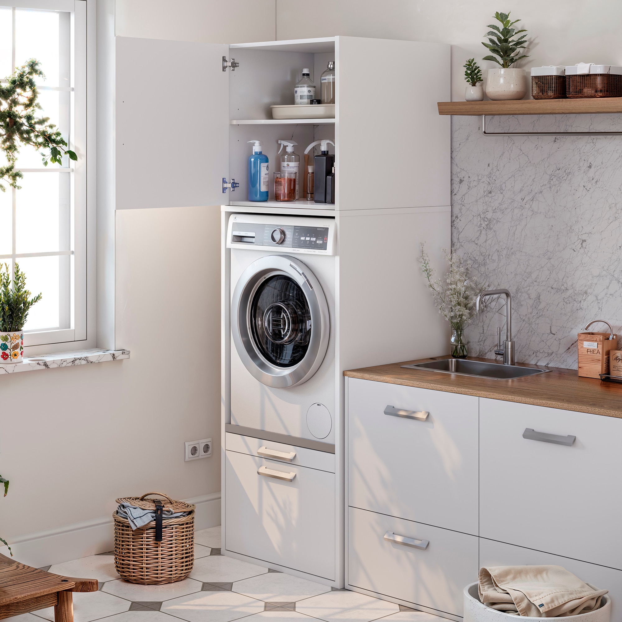 Módulo Alto para Máquina de Lavar Roupa com Espaço de Arrumação em Melamina - Branco Mate Branco-10