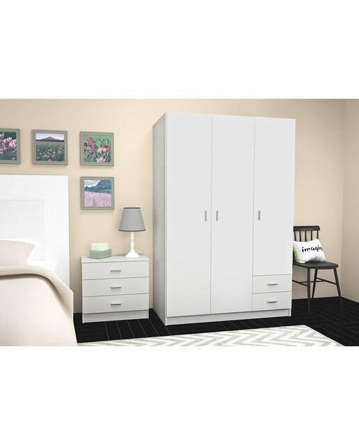 Armário Roupeiro de 3 Portas Abatíveis + 2 Gavetas Branco-4