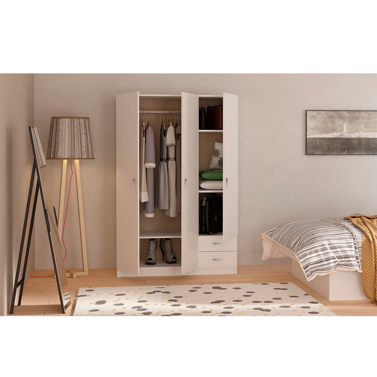 Armário Roupeiro de 3 Portas Abatíveis + 2 Gavetas Branco-5