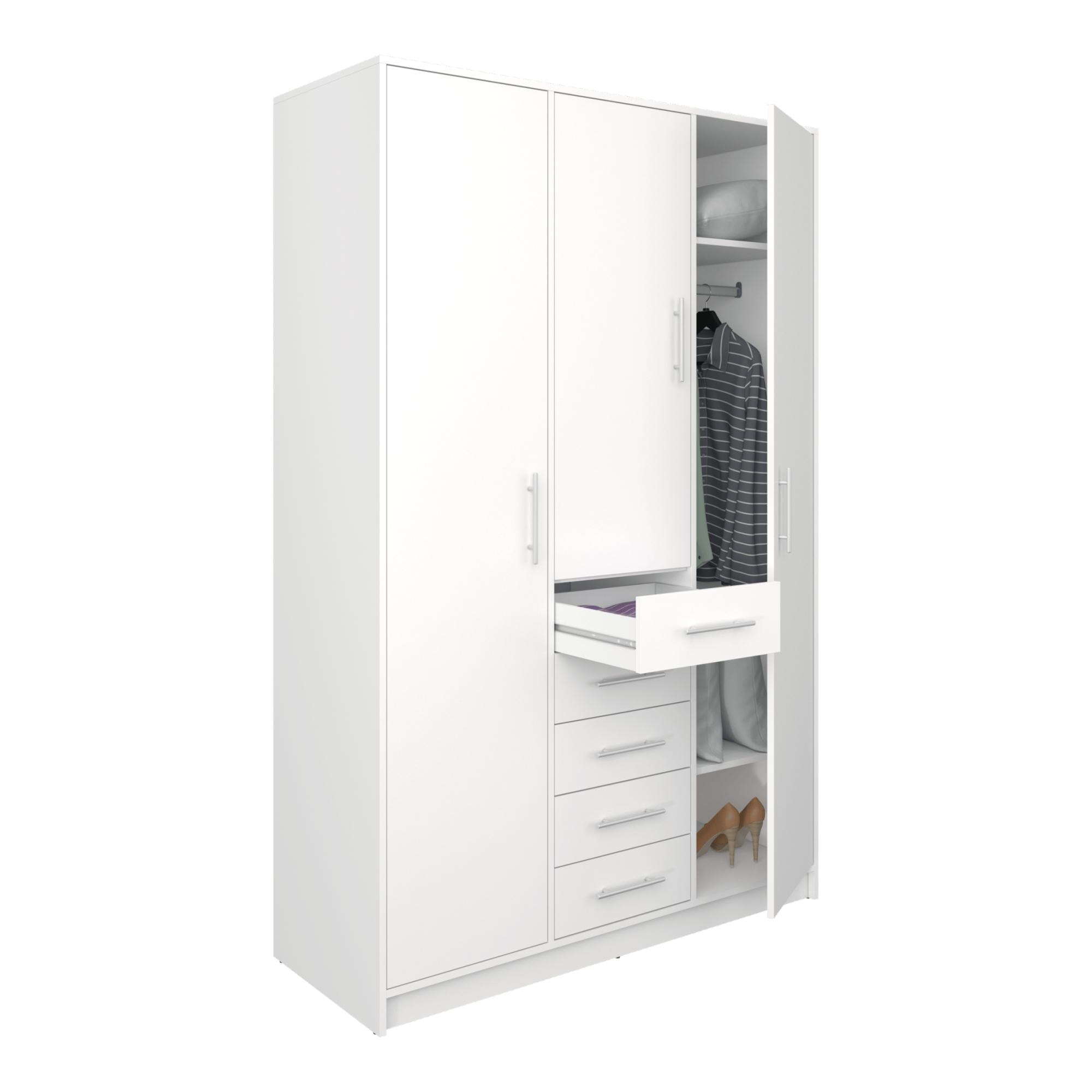Armario Ropero 3 Puertas Abatibles + 5 Cajones - Blanco 130 x 200 cm Blanco-2