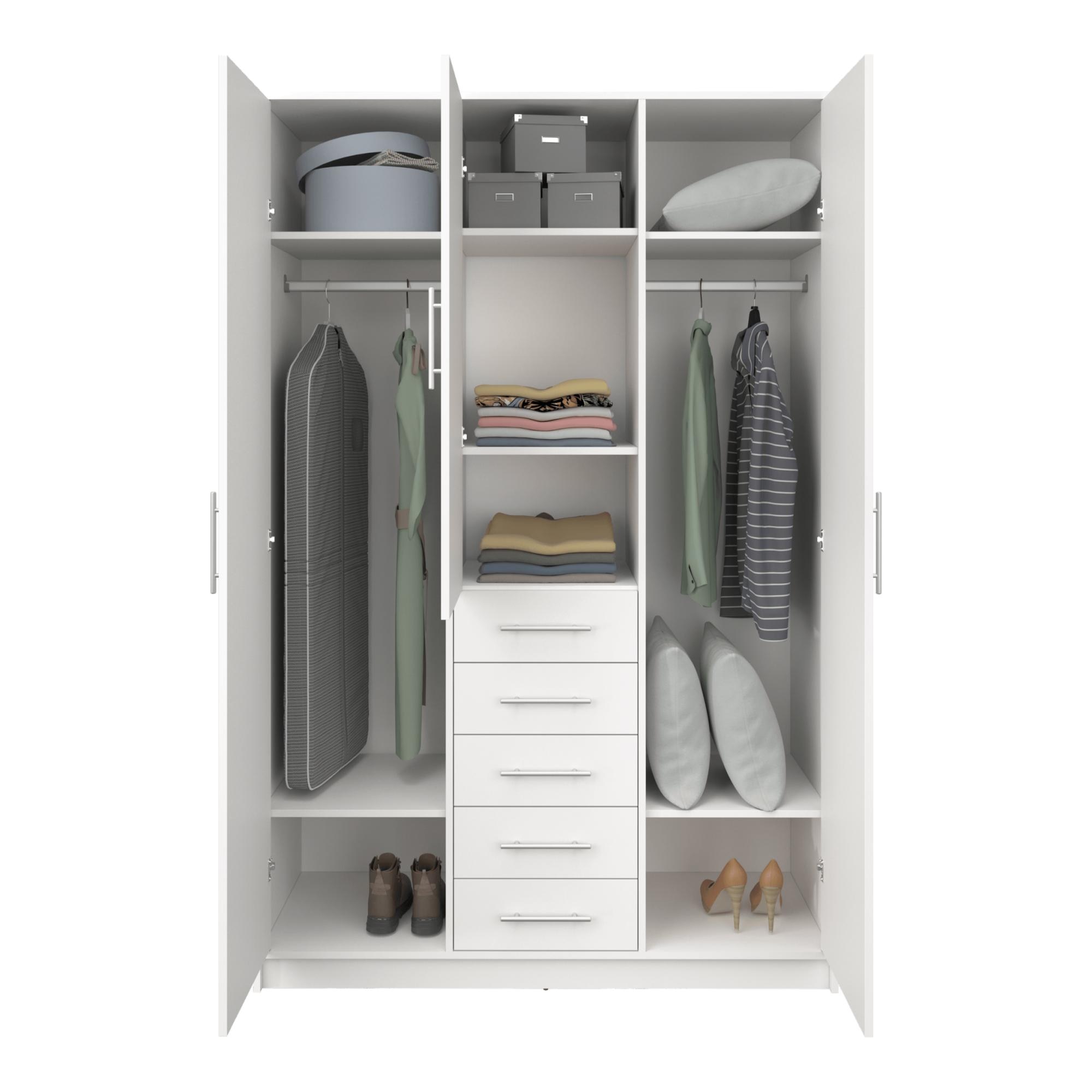 Armario Ropero 3 Puertas Abatibles + 5 Cajones - Blanco 130 x 200 cm Blanco-3