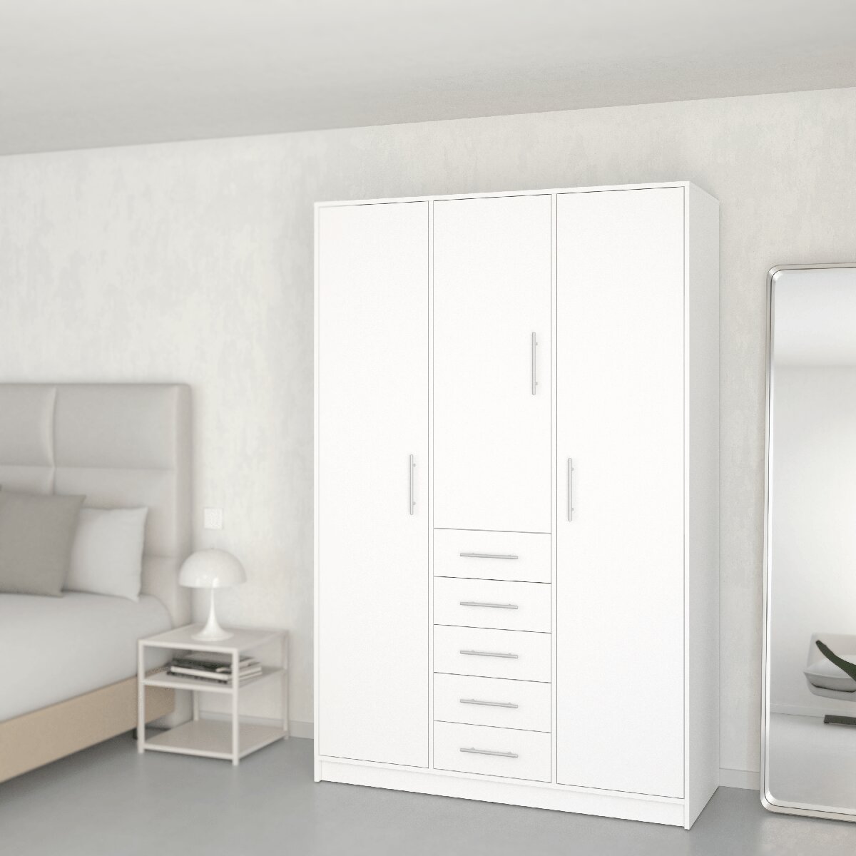 Armario Ropero 3 Puertas Abatibles + 5 Cajones - Blanco 130 x 200 cm Blanco-5