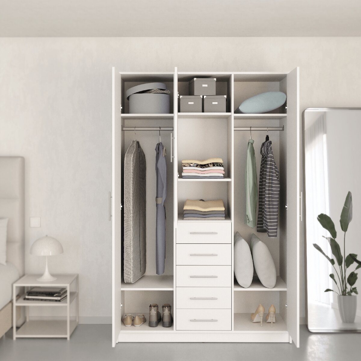 Armario Ropero 3 Puertas Abatibles + 5 Cajones - Blanco 130 x 200 cm Blanco-6