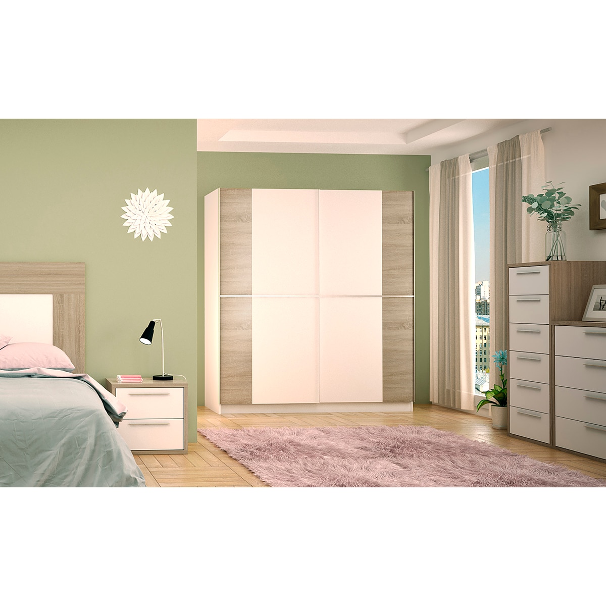 Roupeiro de 2 Portas de Correr Branco / Carvalho-3