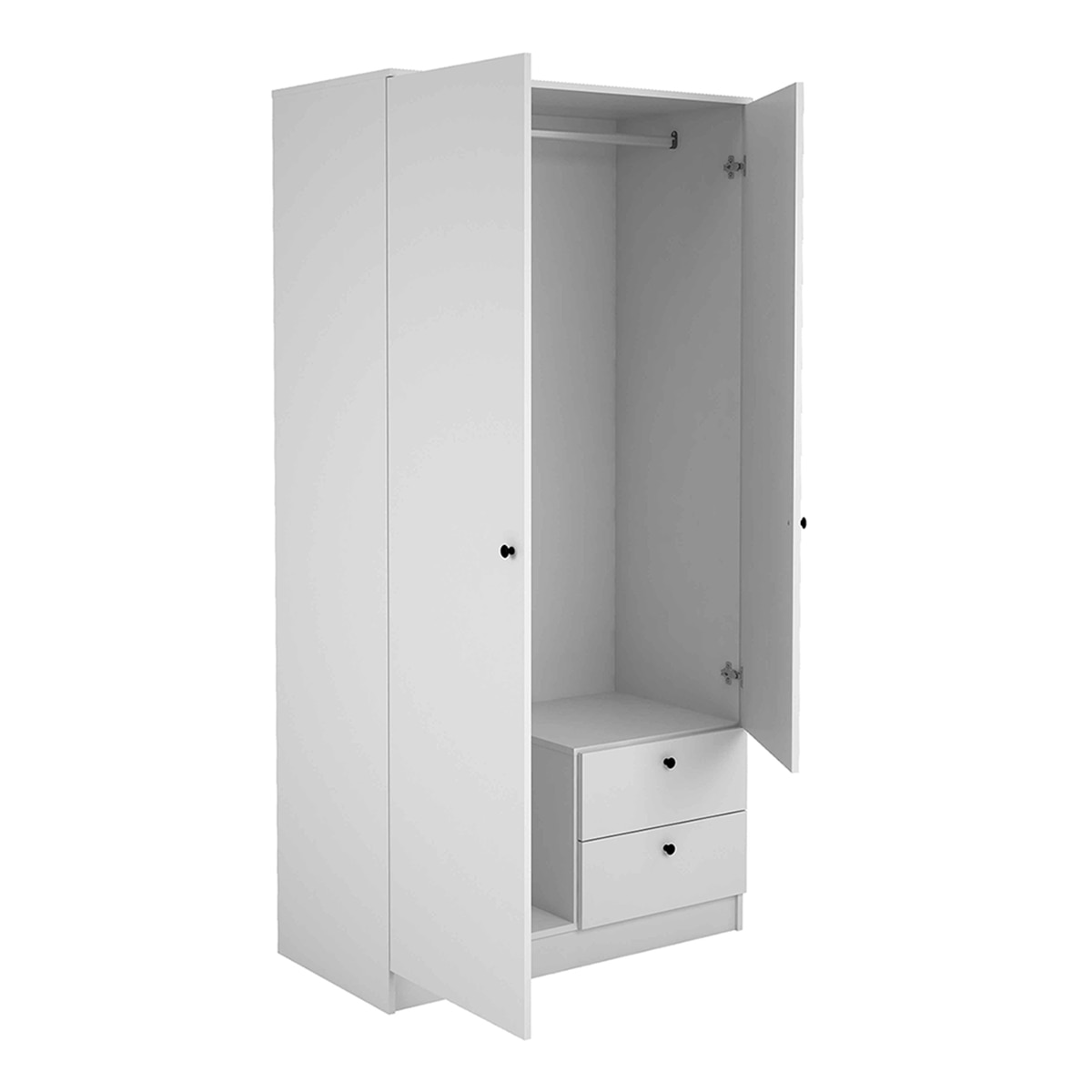 Armário de 2 Portas Abatíveis + 5 Gavetas - Branco. Puxador de Melamina 16 mm - Preto Branco-3