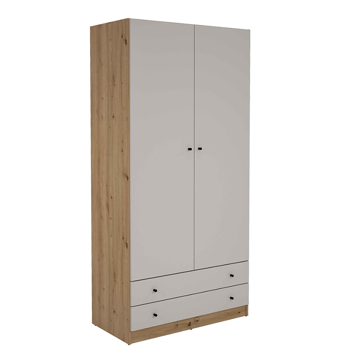 Imagem 0 de Armário de 2 Portas Abatíveis + 2 Gavetas - Cor de Carvalho/Cinzento Caxemira. Puxador de Melamina 16 mm - Preto